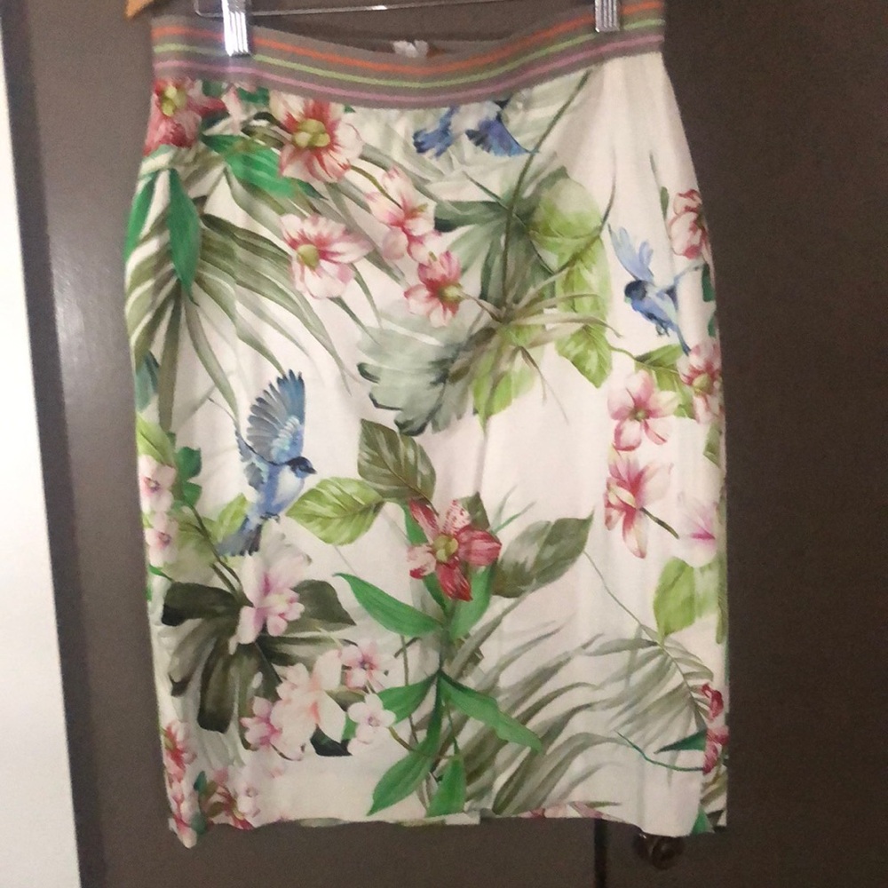 RIANI Green and Pink Tropical Knee-Length Pencil Skirt